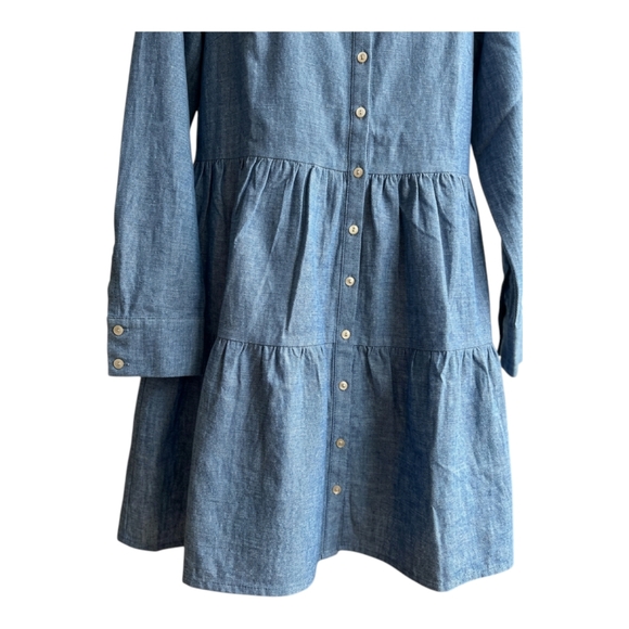 New Alice Walk Band Collar Long Sleeve Linen Tiered Chambray Cottagecore Dress L - Picture 4 of 6